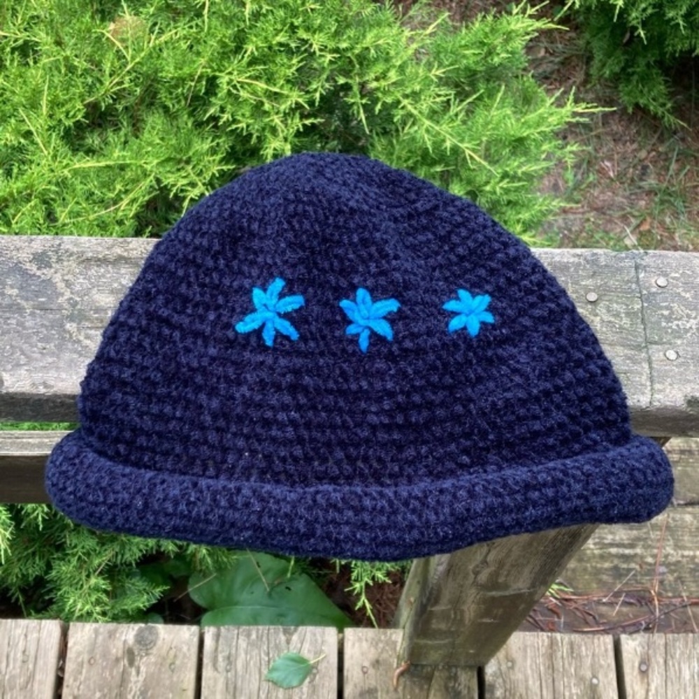 Hat HANDMADE Cap Knitted Crocheted Colorful Floral Brim Black Turquoise One Size